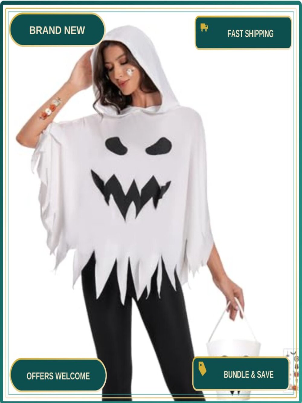 Halloween Ghost Poncho Costume Set Hooded Polyester Candy Bag Temporary Tattoos